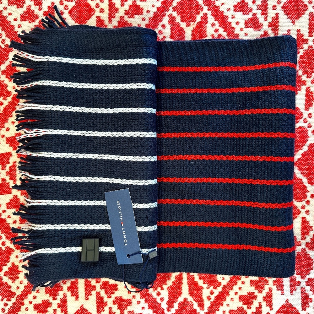 Tommy Hilfiger Red White and Navy Striped Winter Scarf OS